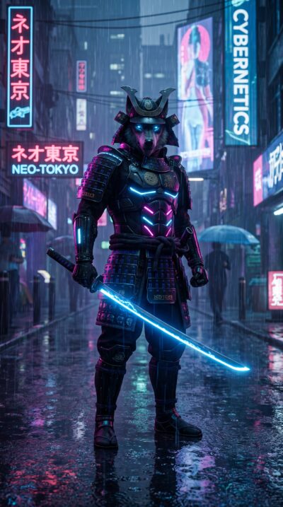 Neon Wolf Samurai Wallpaper